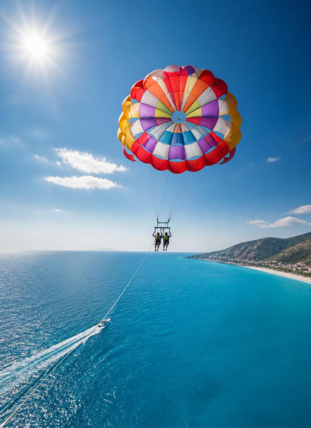 Parachute ascensionnel très haut au-dessus de la mer bleue de Saïdia